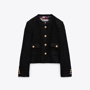 NWOT Zara fray black tweed blazer size M